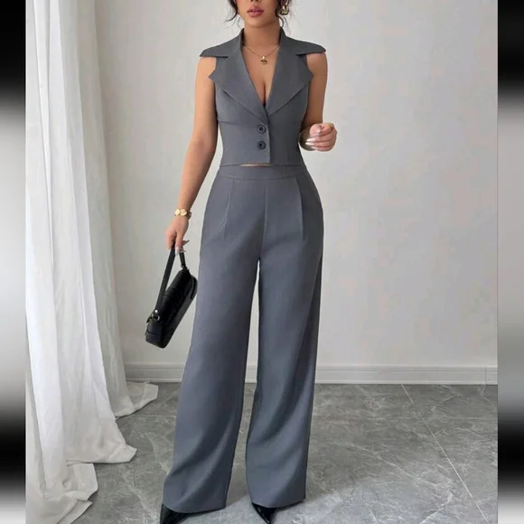 Grey Linen Elegant Sleeveless Lapel Waist Short Jacket Pants